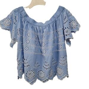 Mud Pie Women's ETTA Eyelet  Off Shoulder Blouse Top Blue Large